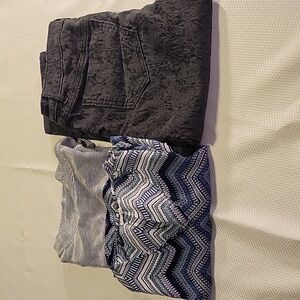 Maurices Charcoal Jeans With Navy Striped & Colorful Geometric Shape Shirts